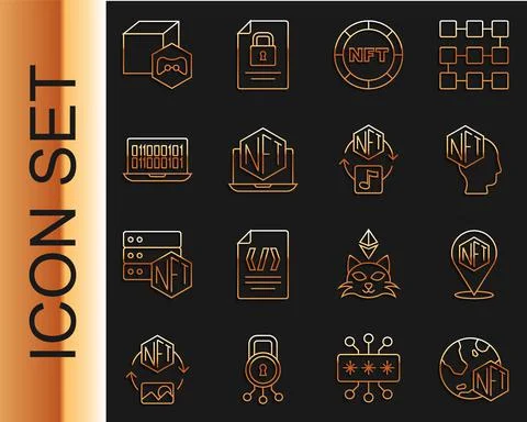 Set line NFT Digital crypto art, Laptop with store app, Binary code, and icon Stock Illustration