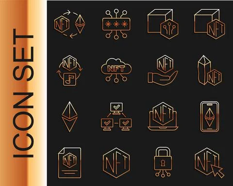 Set line NFT Digital crypto art, Ethereum ETH, cloud, exchange and icon. Vector Ilustración de archivo