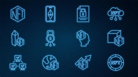Set line NFT Digital crypto art, Document and lock, Cyber security, and Ethereum Stock Illustration