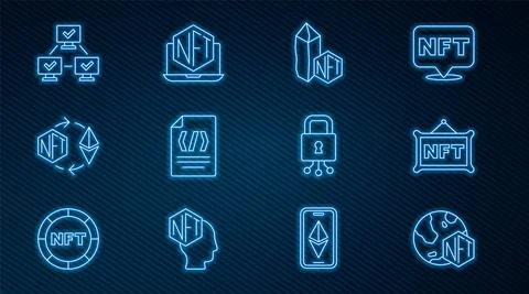 Set line NFT Digital crypto art, Binary code, Ethereum exchange, blockchain Stock Illustration