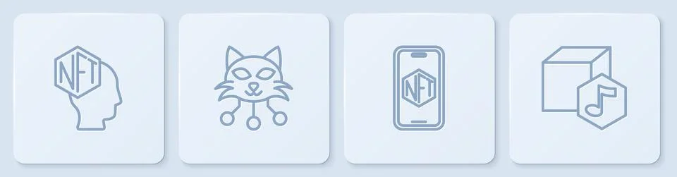 Set line NFT Digital crypto art, Mobile with store app, and . White square Stock Illustration