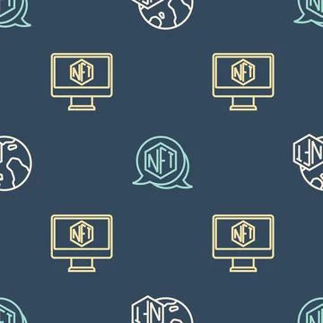 Set line NFT Digital crypto art, Monitor with store app and on seamless pattern Stockillustratie