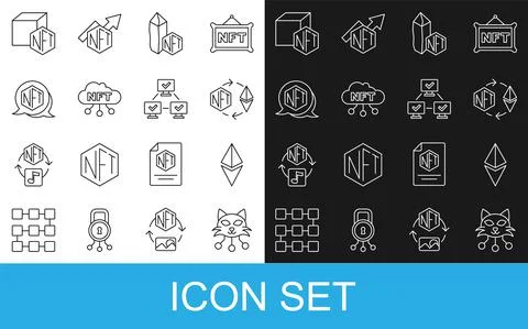 Set line NFT Digital crypto art, Ethereum ETH, exchange, cloud, and blockchain Ilustração Stock