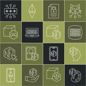 Set line NFT Digital crypto art, Binary code, Document and lock, Cyber security 스톡 일러스트