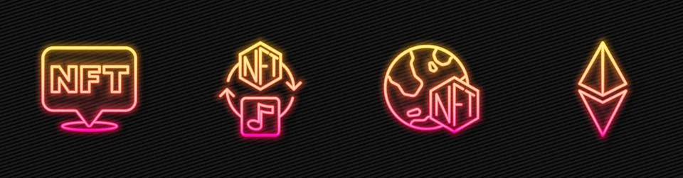 Set line NFT Digital crypto art, and Ethereum ETH. Glowing neon icon. Vector Stock Illustration