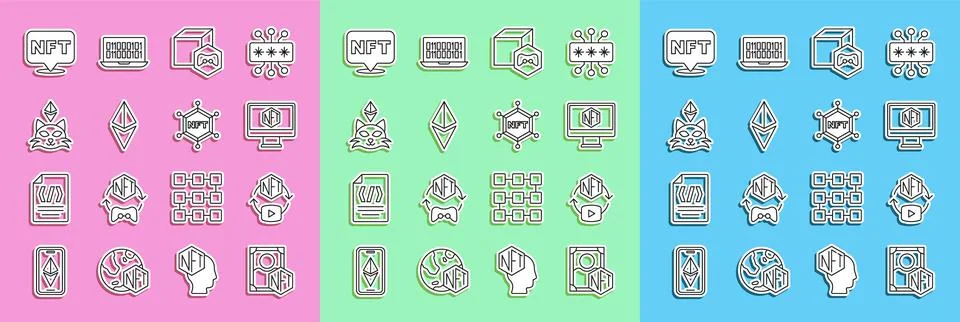 Set line NFT Digital crypto art, Monitor with store app, Ethereum ETH, and Ilustración de archivo