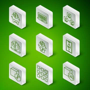 Set line NFT Digital crypto art, blockchain technology, Laptop with store app 库存插图