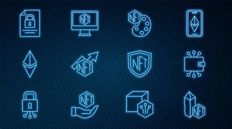 Set line NFT Digital crypto art, Cryptocurrency wallet, growth bar chart Stock Illustration