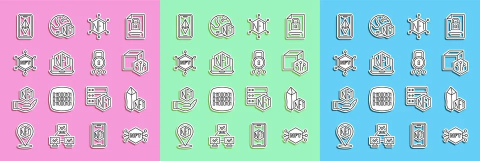 Set line NFT Digital crypto art, blockchain technology, Laptop with store app Illustrazione stock