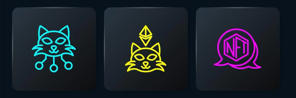 Set line NFT Digital crypto art, and . Black square button. Vector Stock Illustration