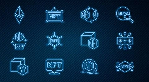 Set line NFT Digital crypto art, Cyber security, Ethereum exchange, blockchain Ilustração Stock