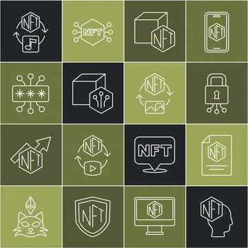 Set line NFT Digital crypto art, contract, Cyber security, and icon. Vector Stock Illustration