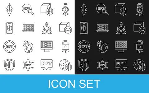 Set line NFT Digital crypto art, Cyber security, Binary code, Mobile with store Stock Illustration