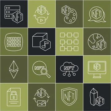 Set line NFT Digital crypto art, Monitor with store app, Binary code, blockchain Stock Illustration