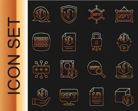 Set line NFT Digital crypto art, Laptop with store app, blockchain technology Illustrazione stock
