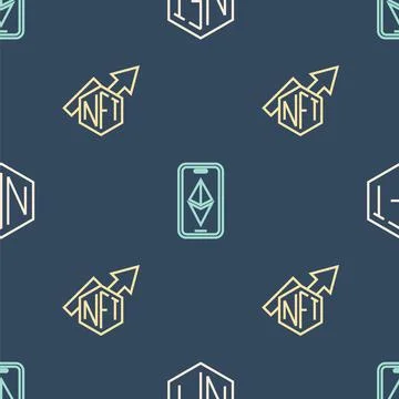 Set line NFT Digital crypto art, growth bar chart and Ethereum ETH on seamless Stock Illustration