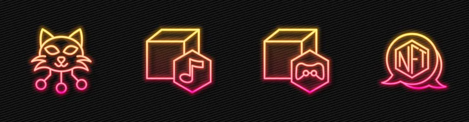 Set line NFT Digital crypto art, and . Glowing neon icon. Vector Stock Illustration