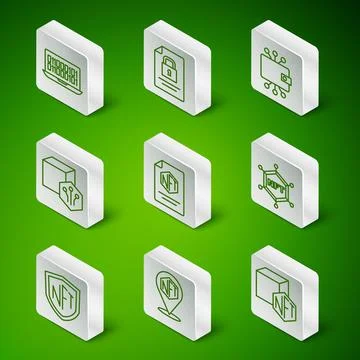 Set line NFT Digital crypto art, Binary code, contract, Document and lock Stock Illustration