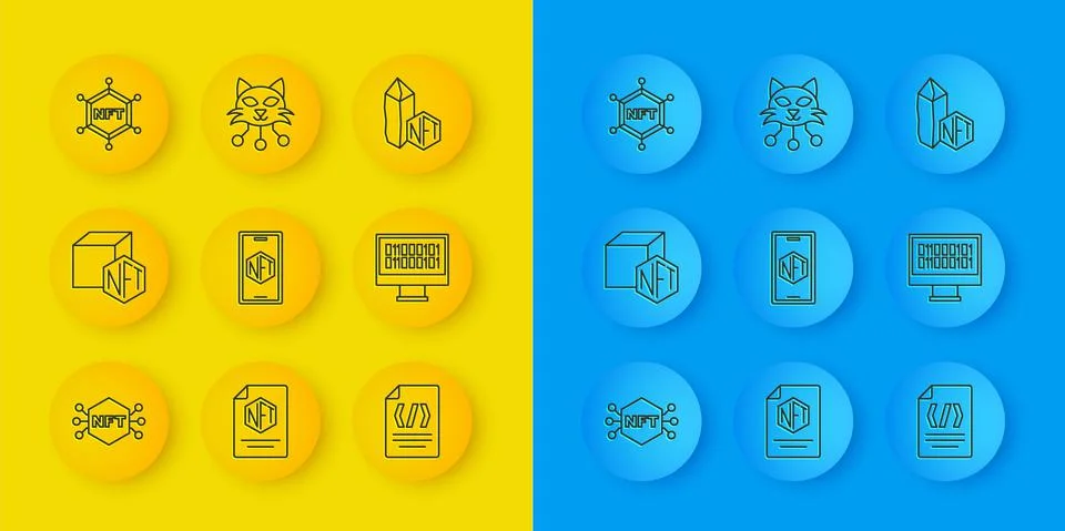 Set line NFT Digital crypto art, Mobile with store app, Binary code, blockchain Illustrazione stock