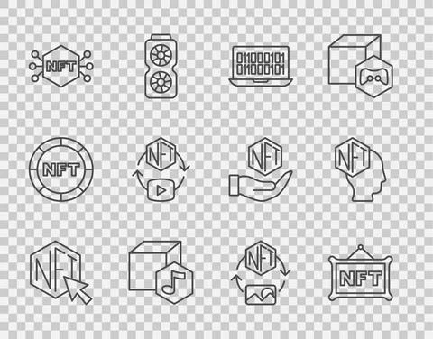 Set line NFT Digital crypto art, Binary code, and icon. Vector Stock Illustration