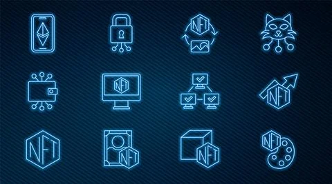 Set line NFT Digital crypto art, growth bar chart, Monitor with store app Stock Illustration