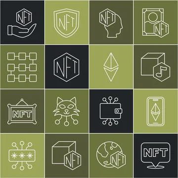 Set line NFT Digital crypto art, Ethereum ETH, blockchain technology, and icon Ilustración de archivo