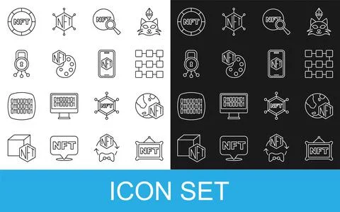 Set line NFT Digital crypto art, blockchain technology, Search, Cyber security Illustrazione stock