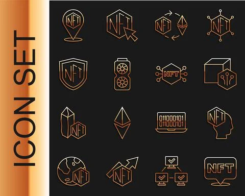 Set line NFT Digital crypto art, Ethereum exchange, Video graphic card, shield Ilustração Stock