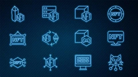 Set line NFT Digital crypto art, Ethereum exchange, and blockchain technology Stock Illustration