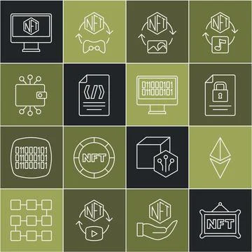 Set line NFT Digital crypto art, Ethereum ETH, Document and lock, Binary code Stock Illustration