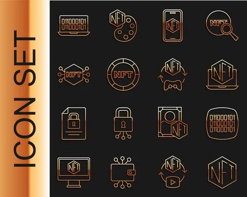 Set line NFT Digital crypto art, Binary code, Laptop with store app, Mobile, and 스톡 일러스트
