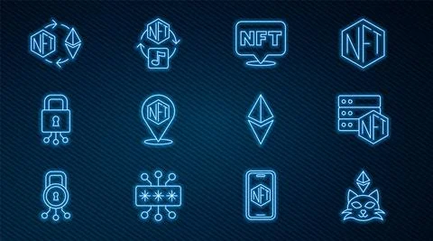 Set line NFT Digital crypto art, blockchain technology, Cyber security, Ethereum Stock Illustration