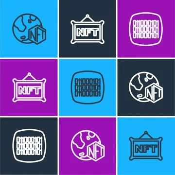Set line NFT Digital crypto art, Binary code and icon. Vector Stock Illustration