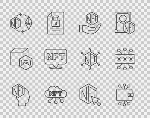 Set line NFT Digital crypto art, Cryptocurrency wallet, cloud, Ethereum exchange Ilustração Stock