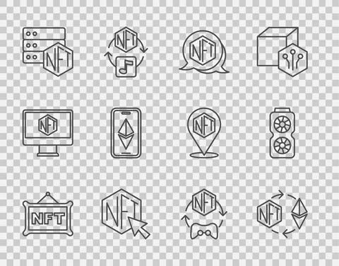 Set line NFT Digital crypto art, Ethereum exchange, blockchain technology, ETH Stock Illustration