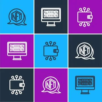 Set line NFT Digital crypto art, Cryptocurrency wallet and Binary code icon Stock Illustration