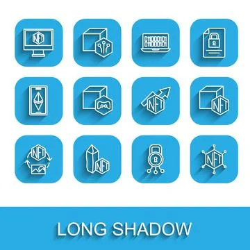 Set line NFT Digital crypto art, Monitor with store app, Cyber security Stock Illustration