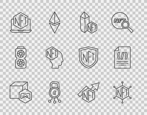 Set line NFT Digital crypto art, blockchain technology, Cyber security, Laptop Illustrazione stock