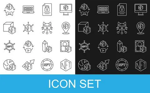 Set line NFT Digital crypto art, Document and lock, blockchain technology, and Stock Illustration