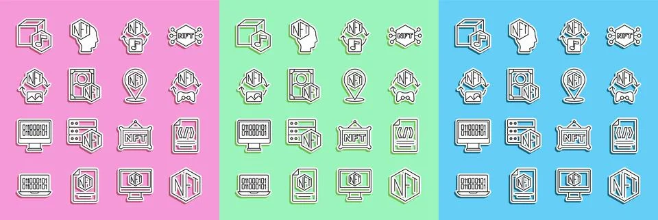 Set line NFT Digital crypto art, Binary code, and icon. Vector Stock Illustration