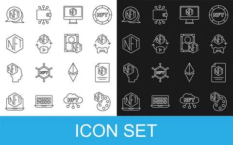 Set line NFT Digital crypto art, contract, Monitor with store app, and icon Illustrazione stock