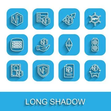 Set line NFT Digital crypto art, shield, contract, Video graphic card and Illustrazione stock