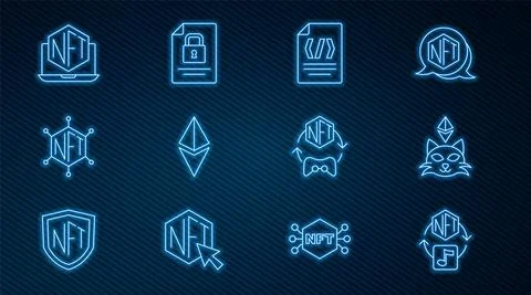 Set line NFT Digital crypto art, Binary code, Ethereum ETH, blockchain Stock Illustration