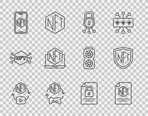 Set line NFT Digital crypto art, contract, Cyber security, Mobile with store app Stock Illustration