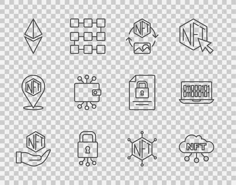 Set line NFT Digital crypto art, cloud, Cyber security, Ethereum ETH Stock Illustration