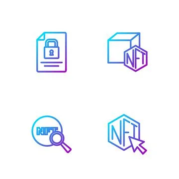 Set line NFT Digital crypto art, Search, Document and lock and . Gradient color Illustrazione stock