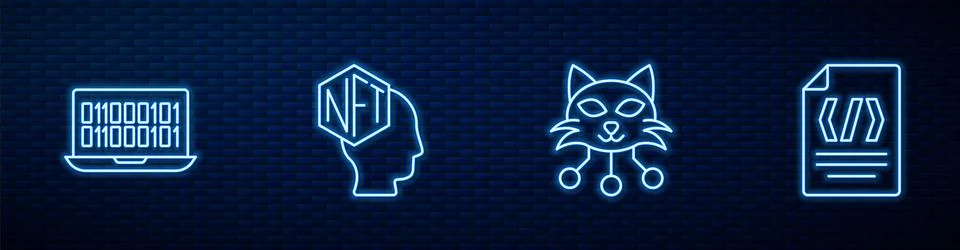 Set line NFT Digital crypto art, Binary code, and . Glowing neon icon on brick Stock Illustration