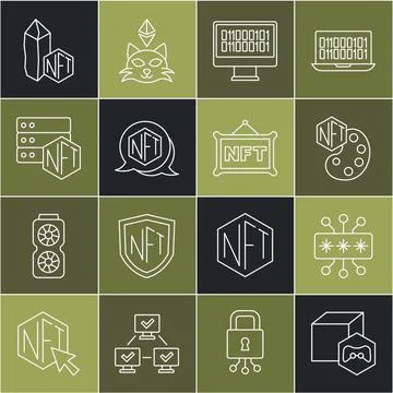 Set line NFT Digital crypto art, Cyber security, Binary code, blockchain Stock Illustration
