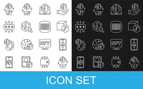 Set line NFT Digital crypto art, Ethereum ETH, Laptop with store app, Cyber Illustrazione stock