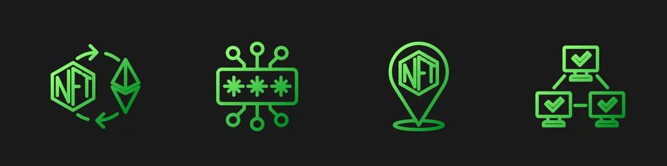 Set line NFT Digital crypto art, Ethereum exchange, Cyber security and Ilustração Stock